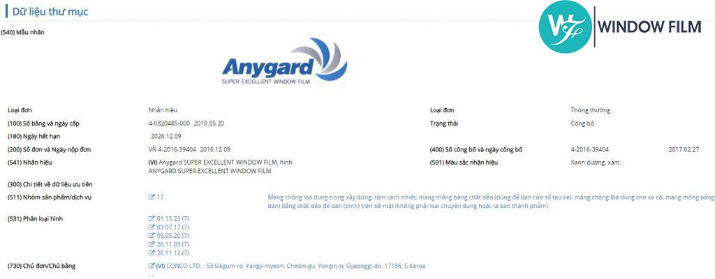 Kết quả tra cứu nhãn hiệu Anygard tại website 